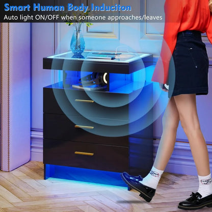 2 Set Modern Nightstands with Wireless Charging Station Black LED Illumination Auto Sensor 3 Color Dimmable Bedside Tables