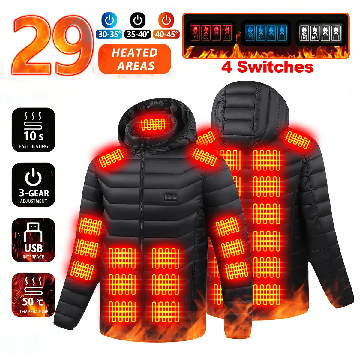 USB Heated Jacket with 29 Heating Zones - 3 Heat Levels, Warm Winter Coat for Outdoor Sports