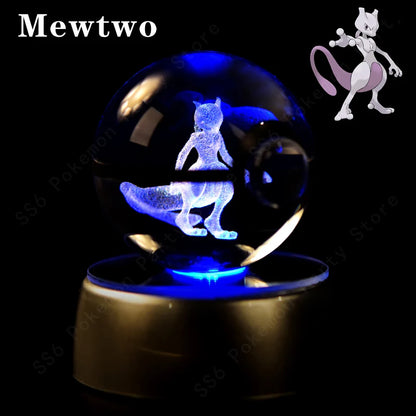Pokemon 3D Crystal Ball Night Light - Glass Pokeball LED Lamp with Pikachu, Mewtwo & Gengar