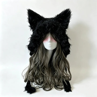 Handmade Crochet Moss Green Fox Ear Hat – Plush Floral Knit Goblincore Winter Hood