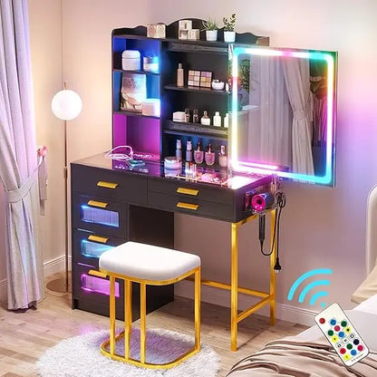 LED Vanity Desk with Sliding Mirror And Glass Top RGB Lighted Makeup Dresser with Chair Set Black Wood Finish 6-Drawer Dresser