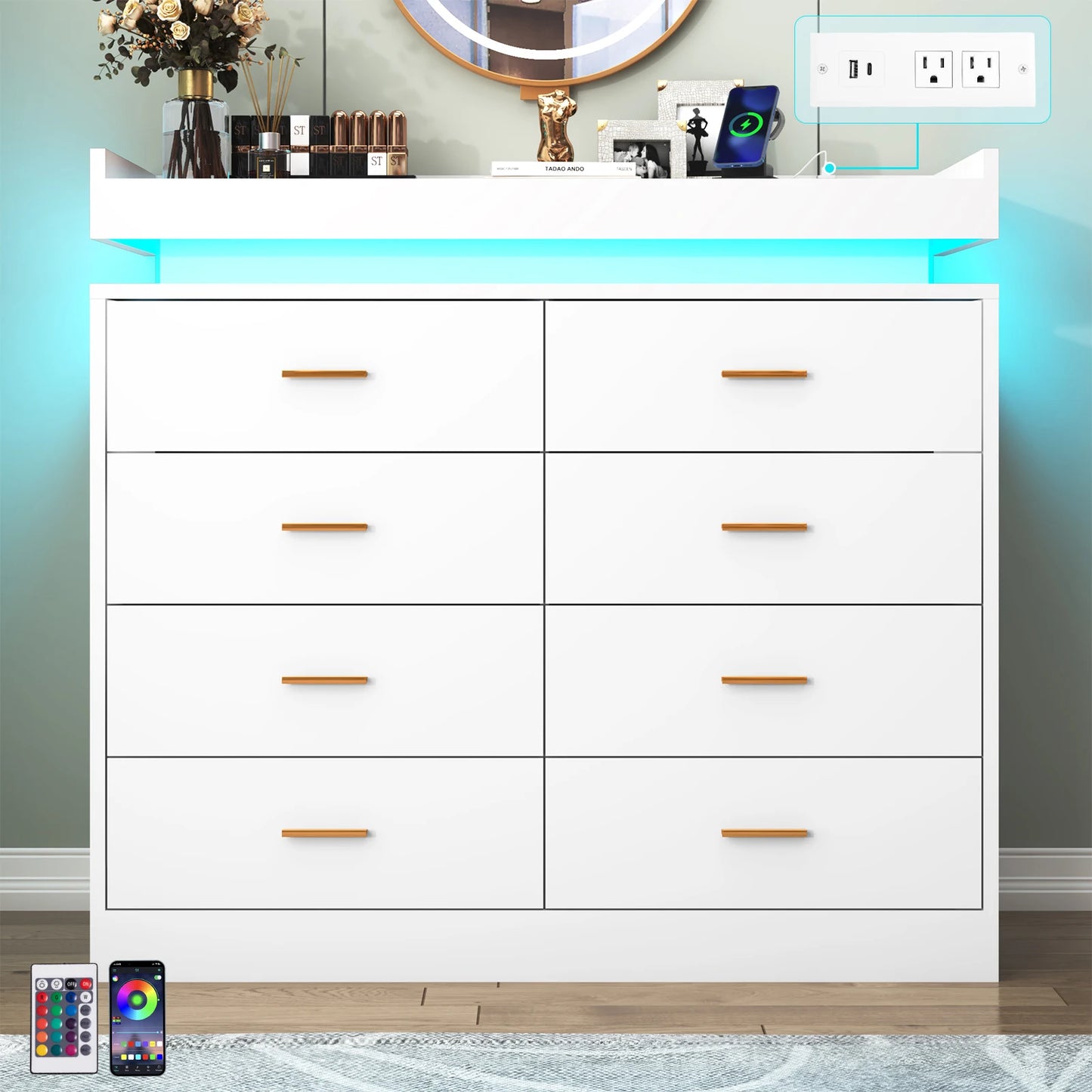8 Drawer Dresser with LED Light, Modern Chest of Drawers for Closet, 47" Wide Drawer Organizer Cabinet for Bedroom, Living Room