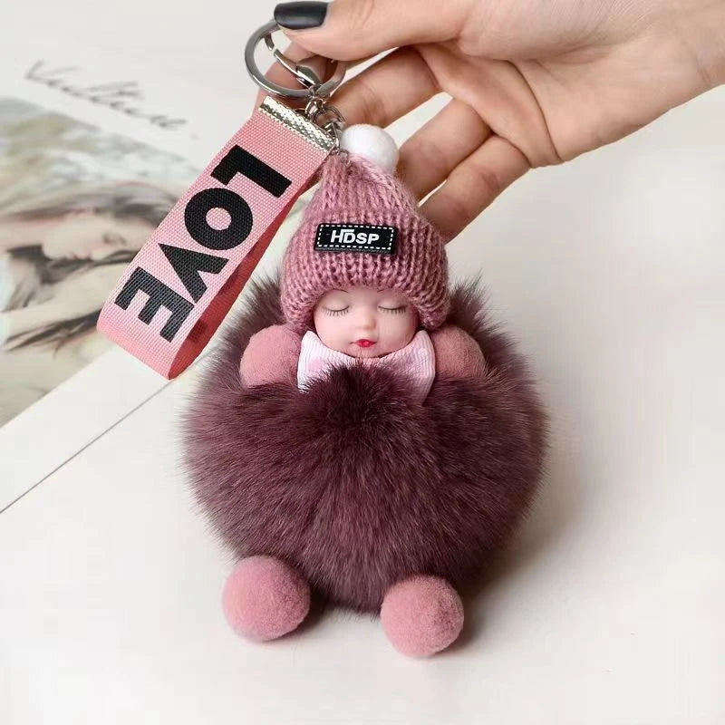 Cute Fluffy Sleepy Doll Keychain – Kawaii Plush Bag Charm Car Key Ring Gift