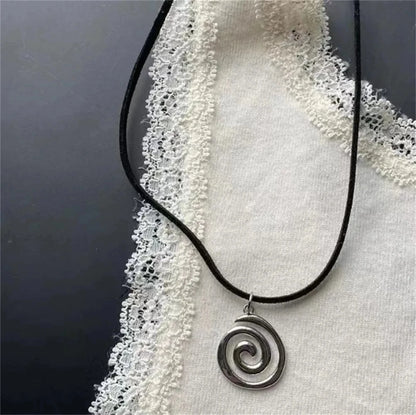 Y2K Spiral Vortex Pendant Necklace - Boho Leather Rope Pentagram Jewelry