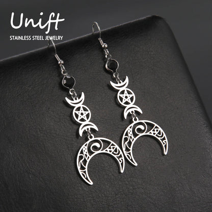 Goth Moon Phase Pentagram Earrings - Stainless Steel Witchy Dangle Jewelry