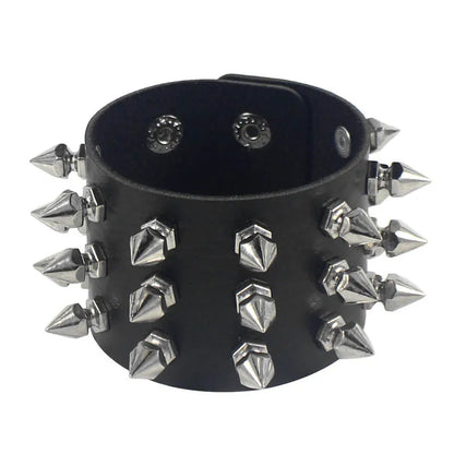 Three-Row Spiked Rivet Stud Wide Cuff Bracelet – Black PU Leather Punk Gothic Wristband