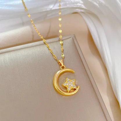 Crescent Moon Pendant Necklace Stainless Steel Zircon Vintage Jewelry