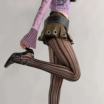 Lolita Gothic Fishnet Tights - Geometric Striped Mesh Lace Pantyhose, Seamless Cute Leggings