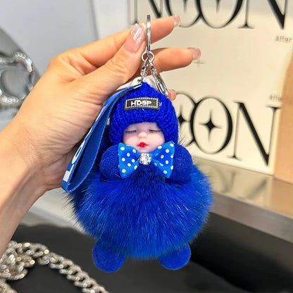 Cute Fluffy Sleepy Doll Keychain – Kawaii Plush Bag Charm Car Key Ring Gift