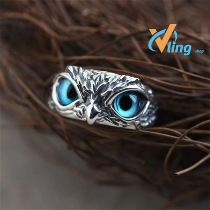 Evil Eye Owl Adjustable Ring, Antique Silver Gothic Punk Animal Finger Jewelry