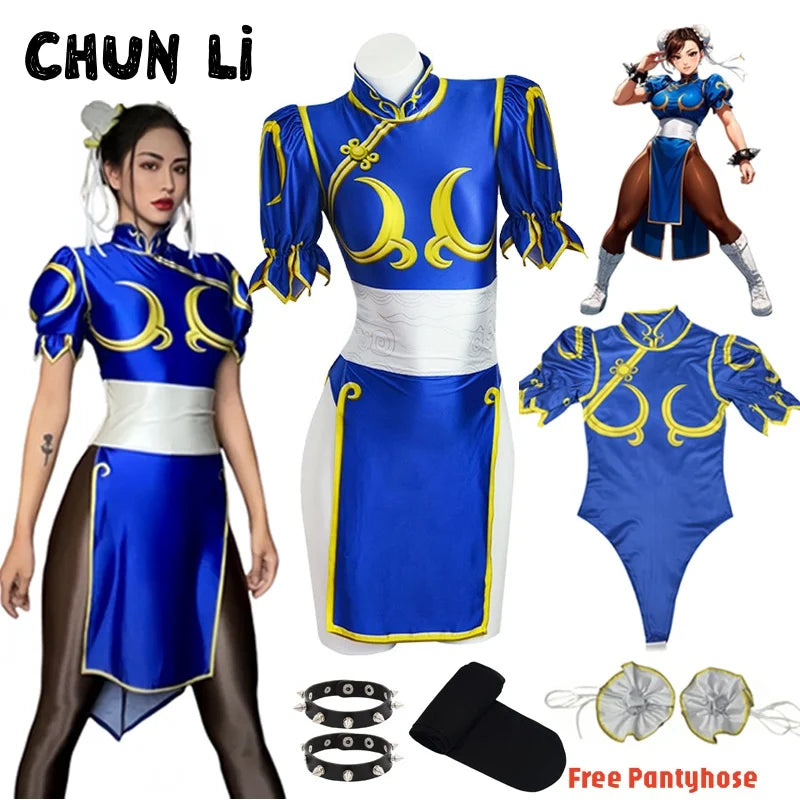 Women's Street Fighter Chun-Li Cosplay Costume – Blue Cheongsam Set