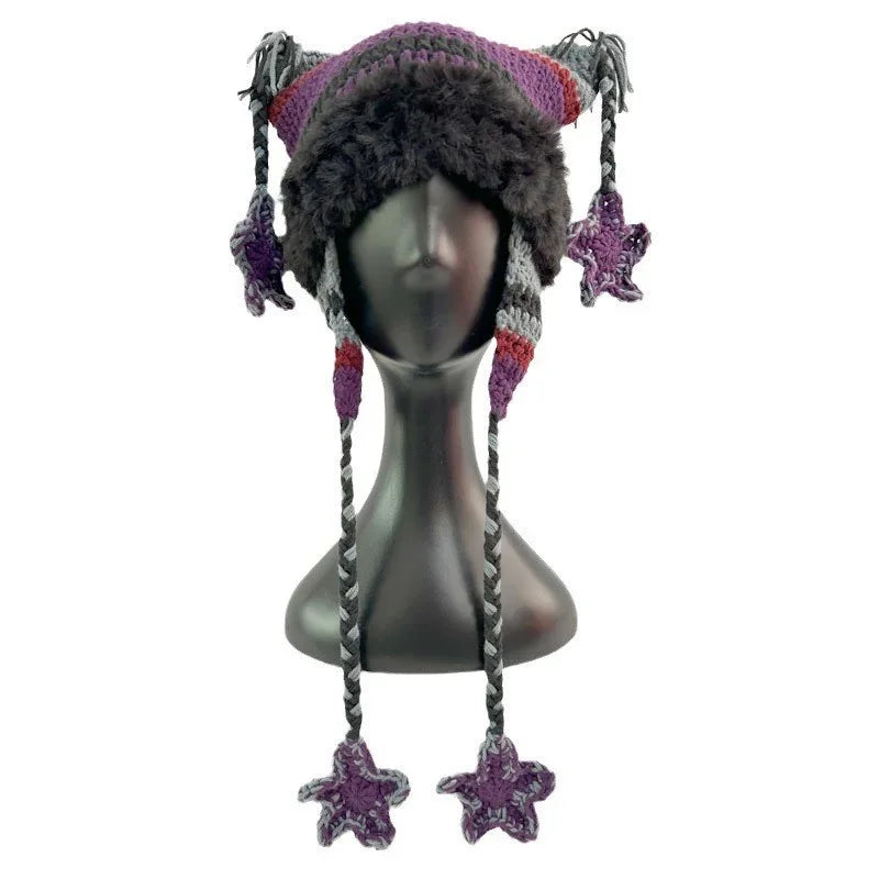 Japanese Pentagram Knit Beanie with Cat Ears – Striped Warm Winter Hat