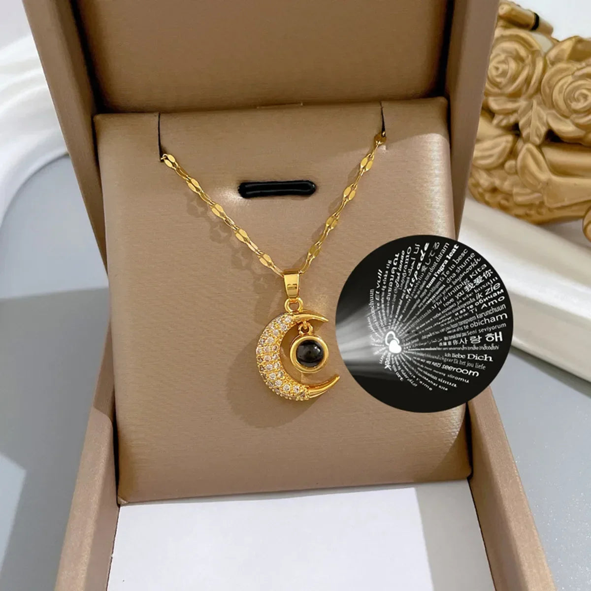 Crescent Moon Pendant Necklace Stainless Steel Zircon Vintage Jewelry