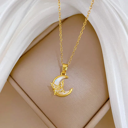 Crescent Moon Pendant Necklace Stainless Steel Zircon Vintage Jewelry