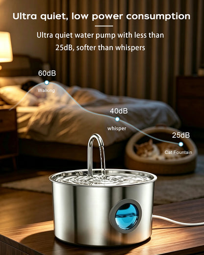 Stainless Steel Cat Water Fountain 108oz/3.2L for Cats, Dogs and Small Pets, with Quiet Operation & LED Light, Easy to Clean & Assemble