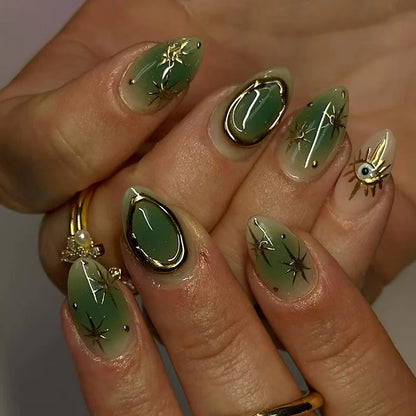 Y2K Star Press On Nails 24pcs – Blue Gradient French Gold Moon Almond False Nails