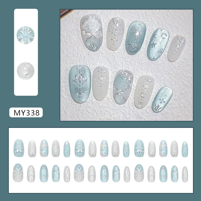 Y2K Star Press On Nails 24pcs – Blue Gradient French Gold Moon Almond False Nails