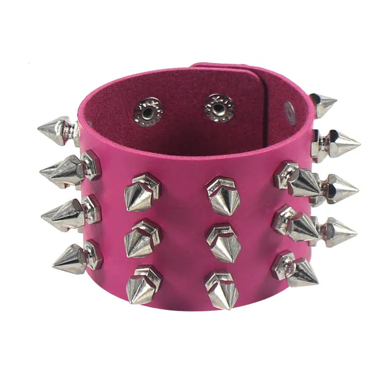 Three-Row Spiked Rivet Stud Wide Cuff Bracelet – Black PU Leather Punk Gothic Wristband