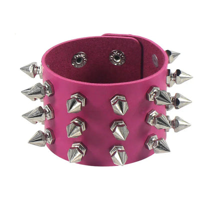 Three-Row Spiked Rivet Stud Wide Cuff Bracelet – Black PU Leather Punk Gothic Wristband