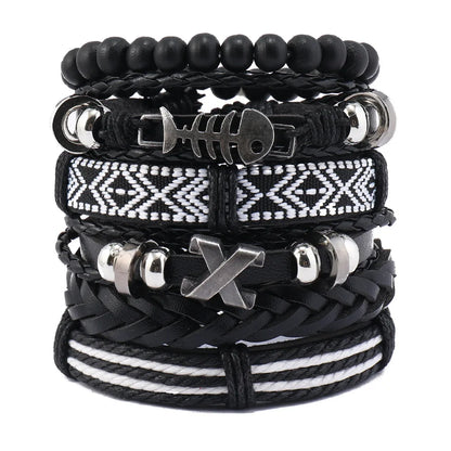 Black Punk Skull & Star Leather Bracelet Set – Gothic Alloy Wristband for Men & Women