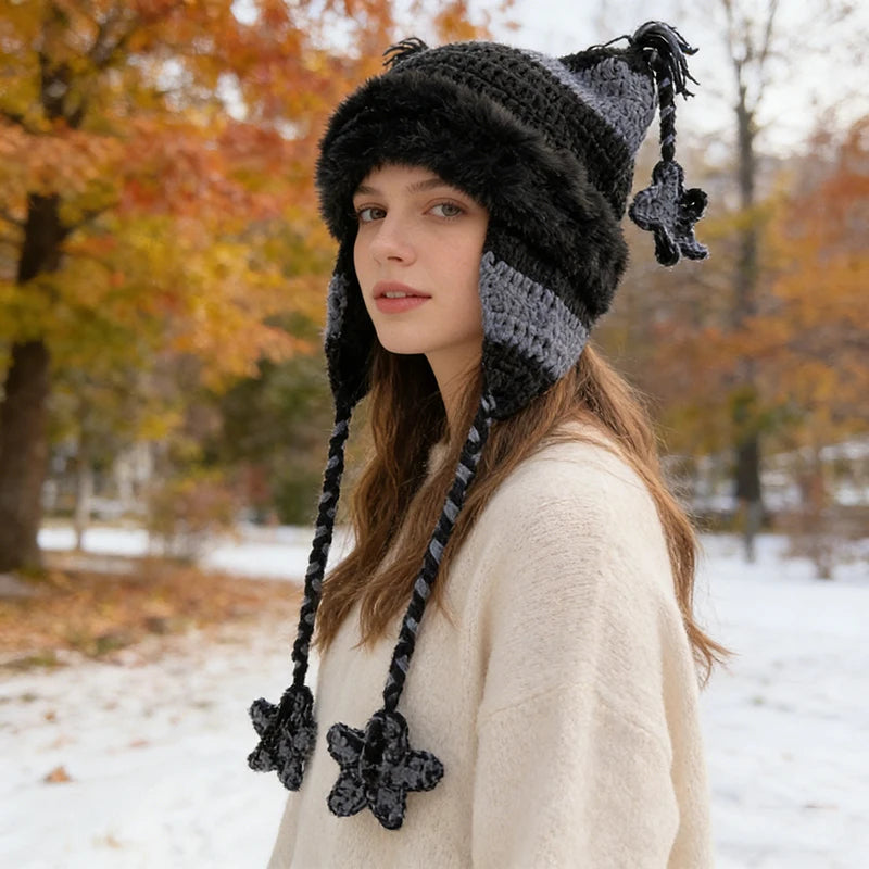 Japanese Pentagram Knit Beanie with Cat Ears – Striped Warm Winter Hat
