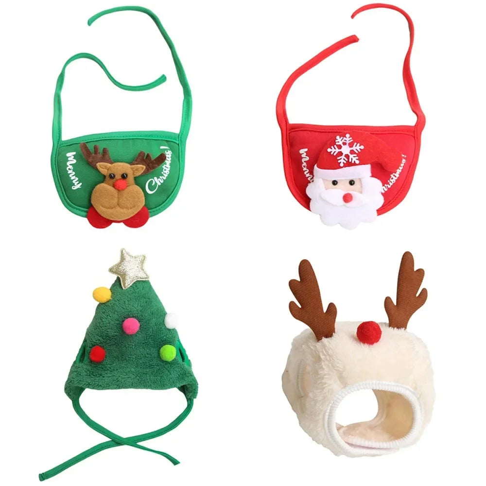 Christmas Pet Costume Santa Elk Hat Bandana Bib Scarf Set for Dogs and Cats