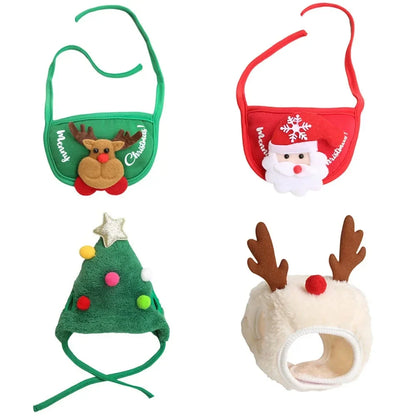 Christmas Pet Costume Santa Elk Hat Bandana Bib Scarf Set for Dogs and Cats