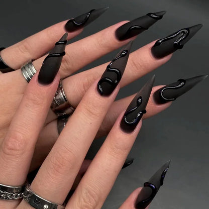 24pcs Halloween Black Snake Press On Nails, Gothic Y2K Long Pointy Nail Tips