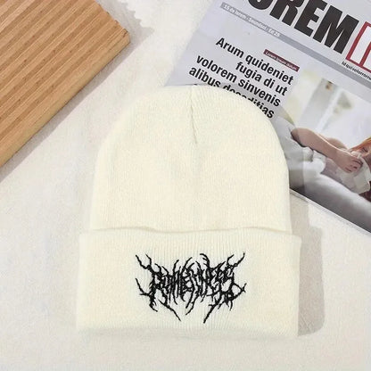 Gothic Street Punk Knitted Beanie Hat – Warm Acrylic Winter Cap for Men & Women