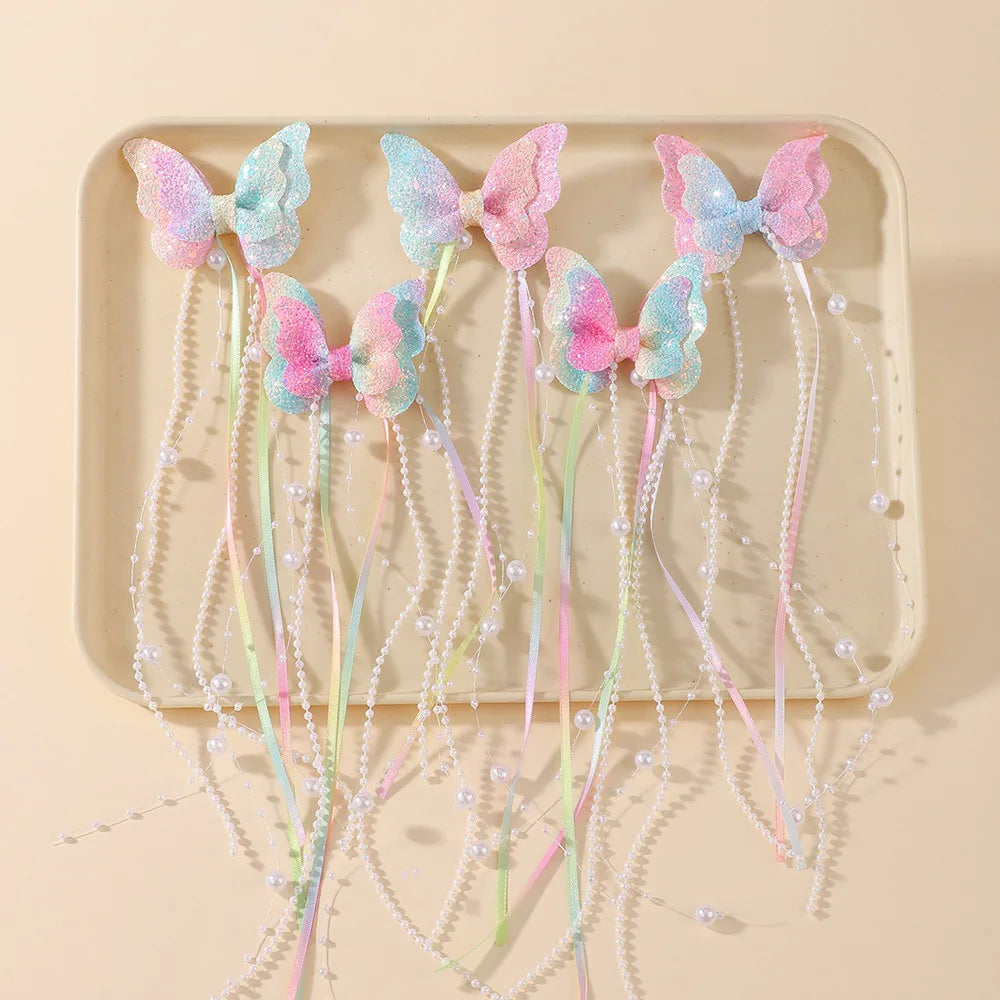 Sparkly Butterfly Bow Hair Clips for Girls – Long Pearl Tassel Ribbon Barrettes, Fairy Cosplay Hair Accessories
