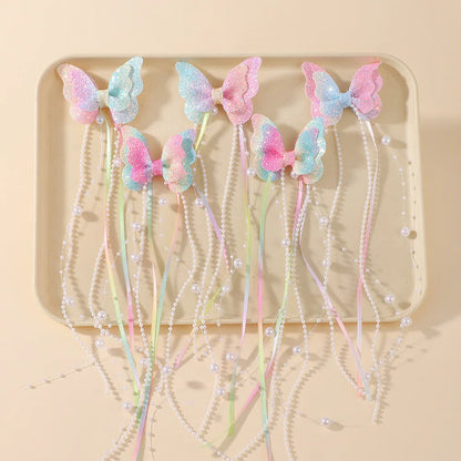 Sparkly Butterfly Bow Hair Clips for Girls – Long Pearl Tassel Ribbon Barrettes, Fairy Cosplay Hair Accessories