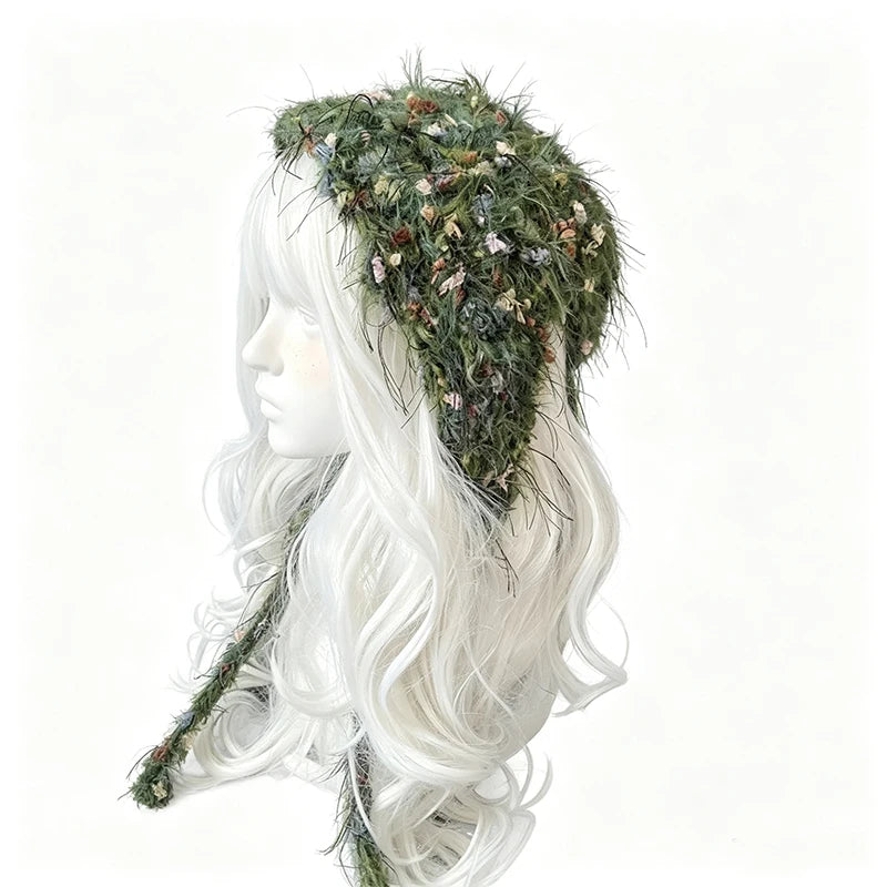 Handmade Crochet Moss Green Fox Ear Hat – Plush Floral Knit Goblincore Winter Hood