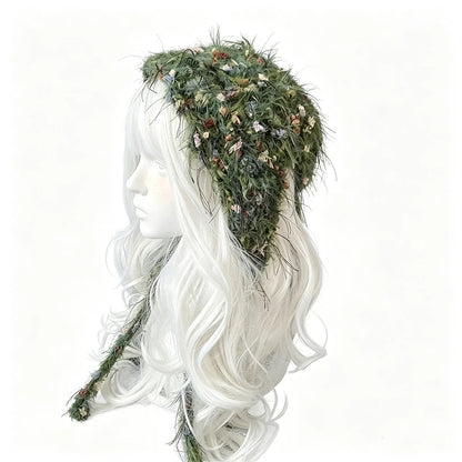 Handmade Crochet Moss Green Fox Ear Hat – Plush Floral Knit Goblincore Winter Hood