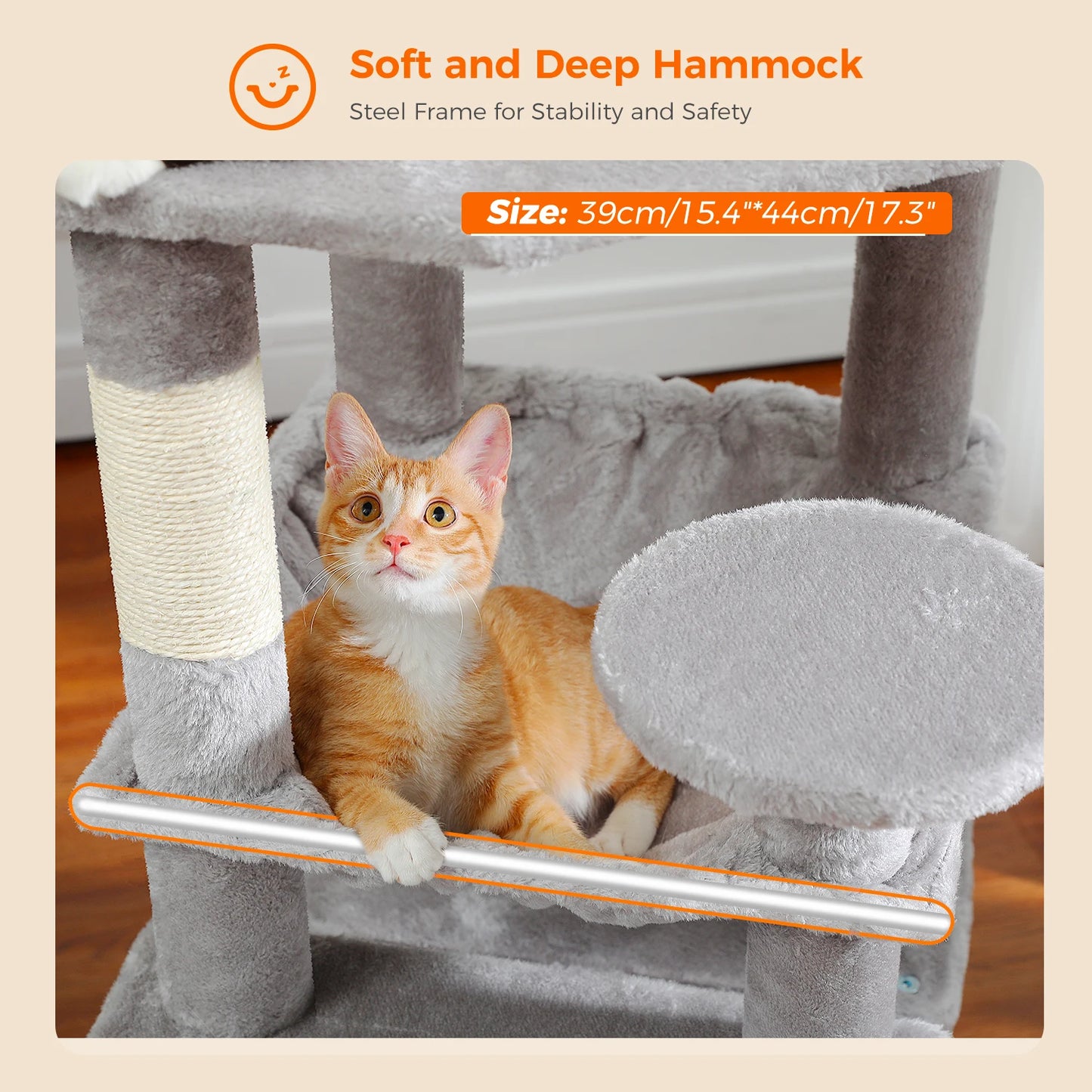 Large Cat Tree Tower with Hammock And Perches Sisal Scratching Posts Spacious Condos And Cat Toys for Indoor Cats Grey/Beige/Black