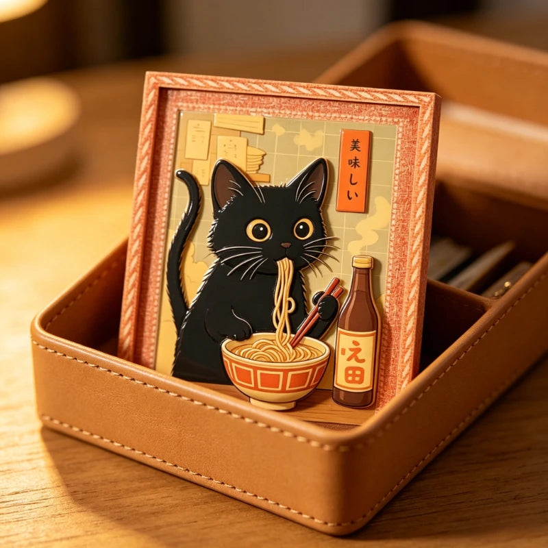 Mini Framed Black Cat Eating Ramen Fridge Magnet - Cute Japanese Cat Decor