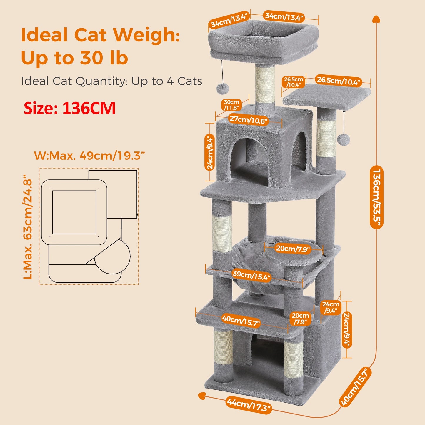Large Cat Tree Tower with Hammock And Perches Sisal Scratching Posts Spacious Condos And Cat Toys for Indoor Cats Grey/Beige/Black