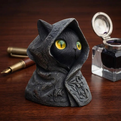 Gothic Hooded Cloak Cat Sculpture – Mystical 3D Printed Cat Statue Home Decor