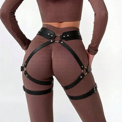 Black Punk Style Leather Strappy Leg Ring Waist Belt Harness