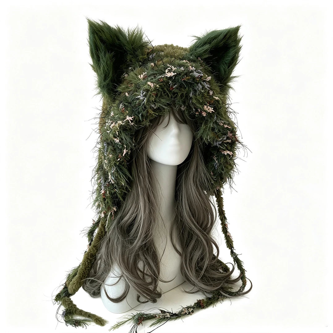 Handmade Crochet Moss Green Fox Ear Hat – Plush Floral Knit Goblincore Winter Hood