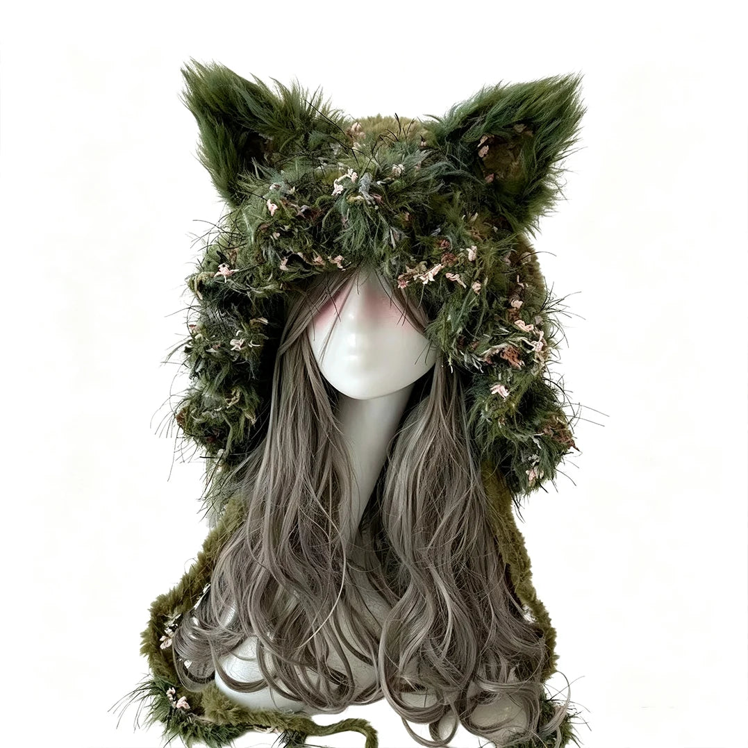 Handmade Crochet Moss Green Fox Ear Hat – Plush Floral Knit Goblincore Winter Hood