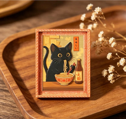 Mini Framed Black Cat Eating Ramen Fridge Magnet - Cute Japanese Cat Decor