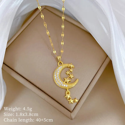 Crescent Moon Pendant Necklace Stainless Steel Zircon Vintage Jewelry