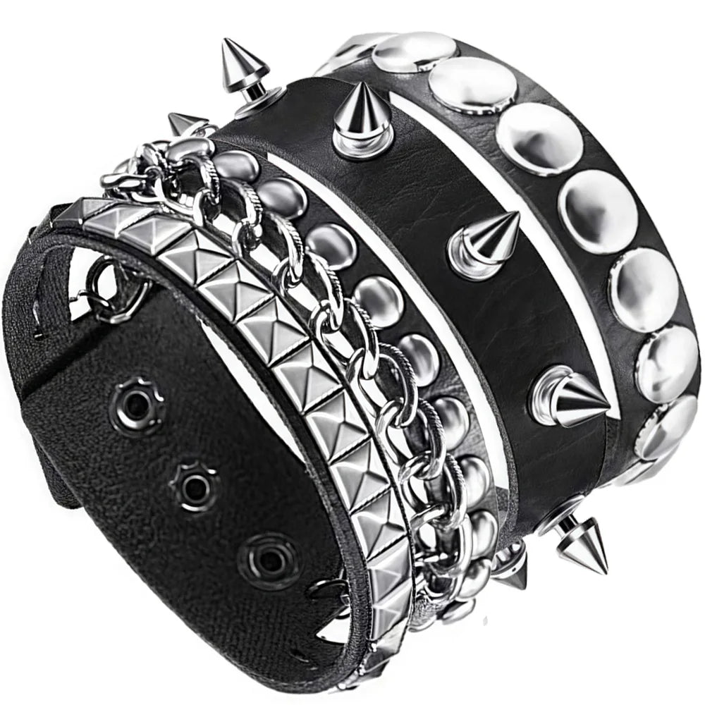 3-Piece Black Gothic Spike Rivet Bracelet Set – Punk Emo Boho Studded Wristbands