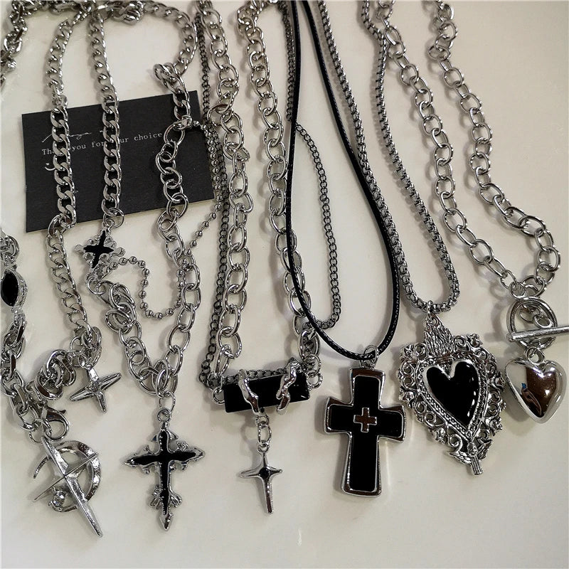 Y2K Punk Heart Cross Pendant Necklace - Grunge Goth Chain for Men Women