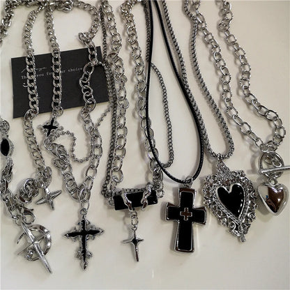 Y2K Punk Heart Cross Pendant Necklace - Grunge Goth Chain for Men Women
