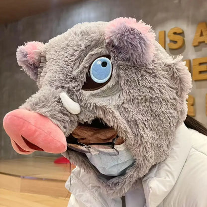 Wild Boar Head Plush Hat – Inosuke Style Winter Cosplay Headgear