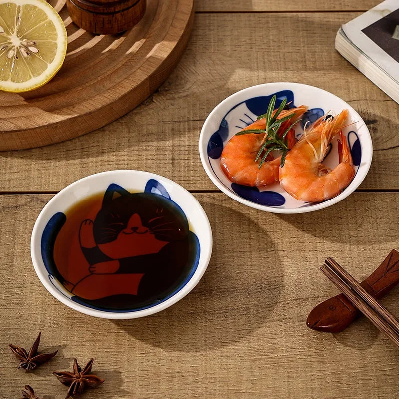 Lucky Cat Ceramic Sauce Dishes Set – 4pc Japanese Style Sushi Plates