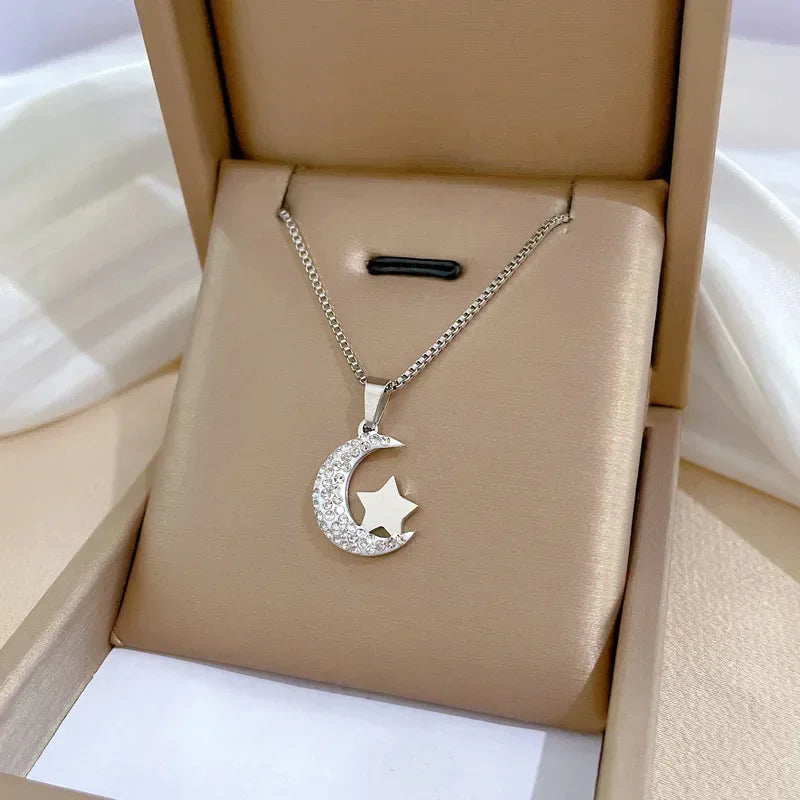 Crescent Moon Pendant Necklace Stainless Steel Zircon Vintage Jewelry