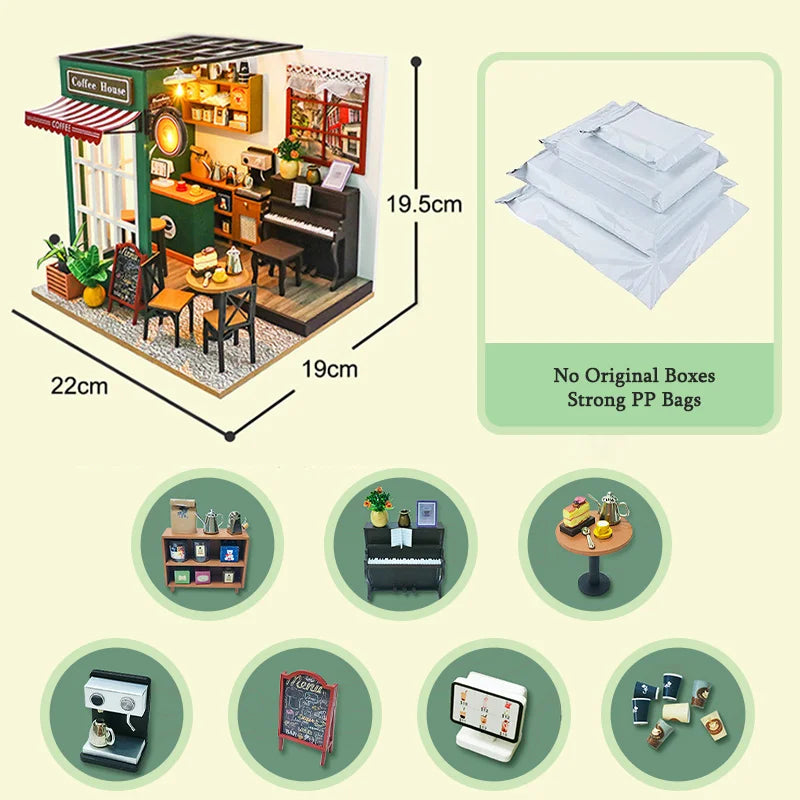 DIY 3D Puzzle Wooden Miniature Dollhouse Building Kit - Handmade Coffee House Model Gift