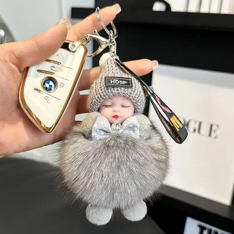 Cute Fluffy Sleepy Doll Keychain – Kawaii Plush Bag Charm Car Key Ring Gift